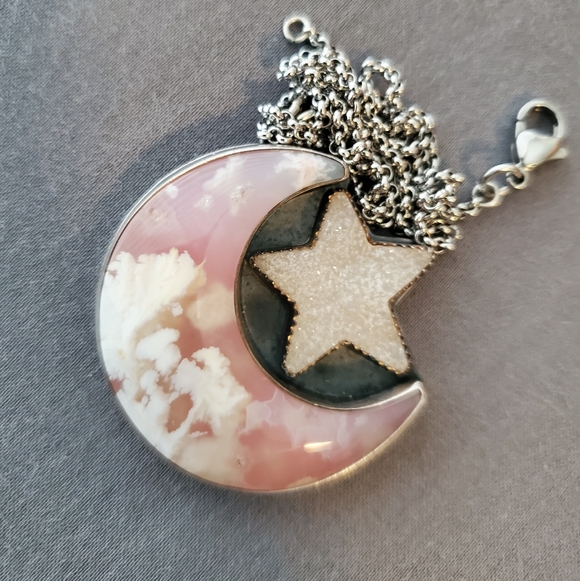 Sterling Silver Plume Agate Moon With Druzy Quartz Star Necklace Ooak Handmade - Picture 7 of 7